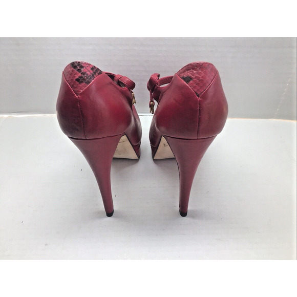 Edelman Red Leather Poppy Stilettos Peep Toe Platform Bow Ankle Strap 7.5 & Box - Picture 10 of 12
